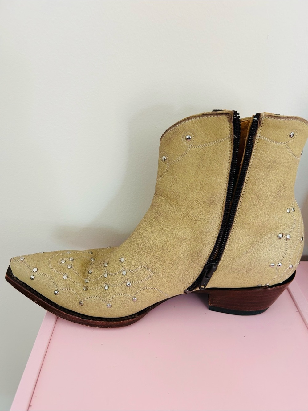 Women's Studded Suede Ankle Boots in Light Tan